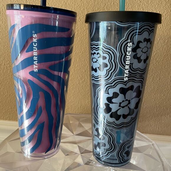 Starbucks Blue Wave Abstract Flower Tumbler Zebra Print Tumbler 24 ounces - Picture 2 of 14